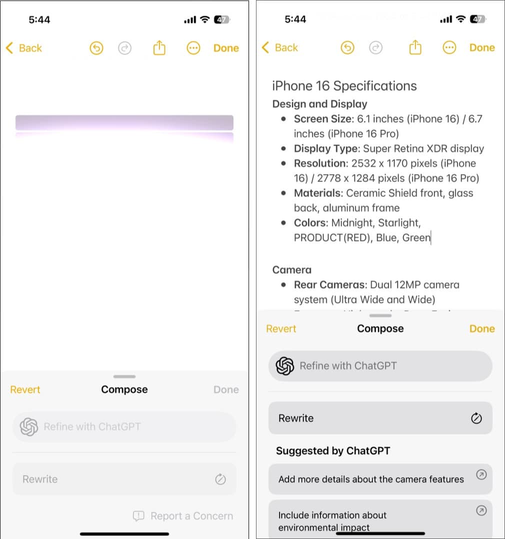 Tap the Rewrite tab to refine text or select a ChatGPT suggestion to enhance it.