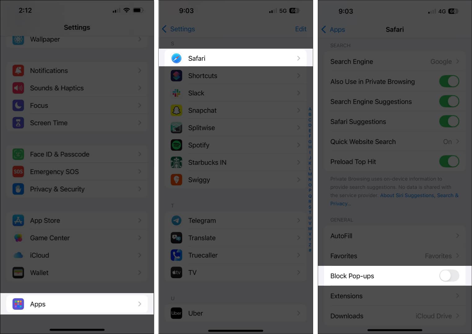 Toggling off the Block Pop-ups option in Safari settings to allow websites pop-ups on an iPhone.