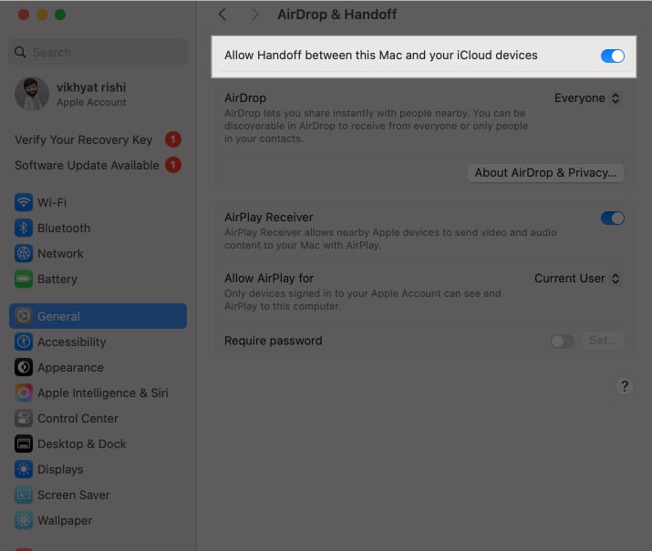 Enabling Handoff between Mac and iCloud devices.