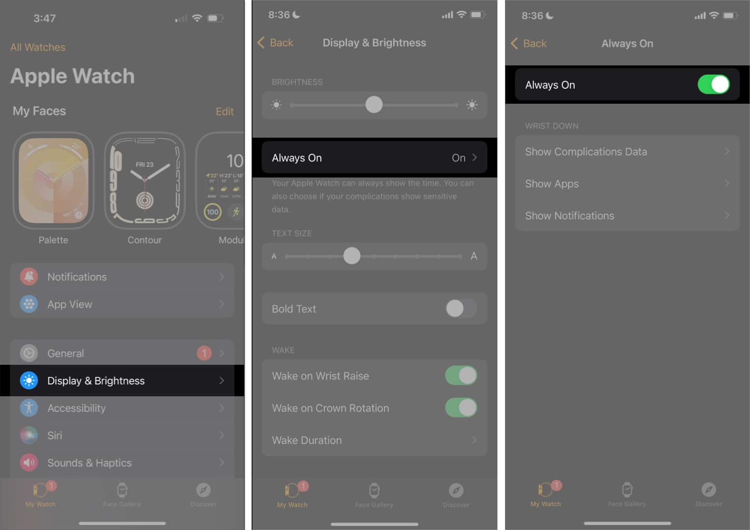 Toggling on Always On feature on an Apple Watch using the Watch app on an iPhone.