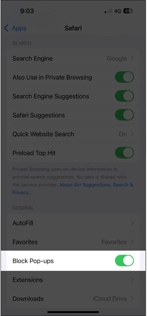 Toggling on Block Pop-ups option in iPhone Settings to disable website pop-ups in Safari.
