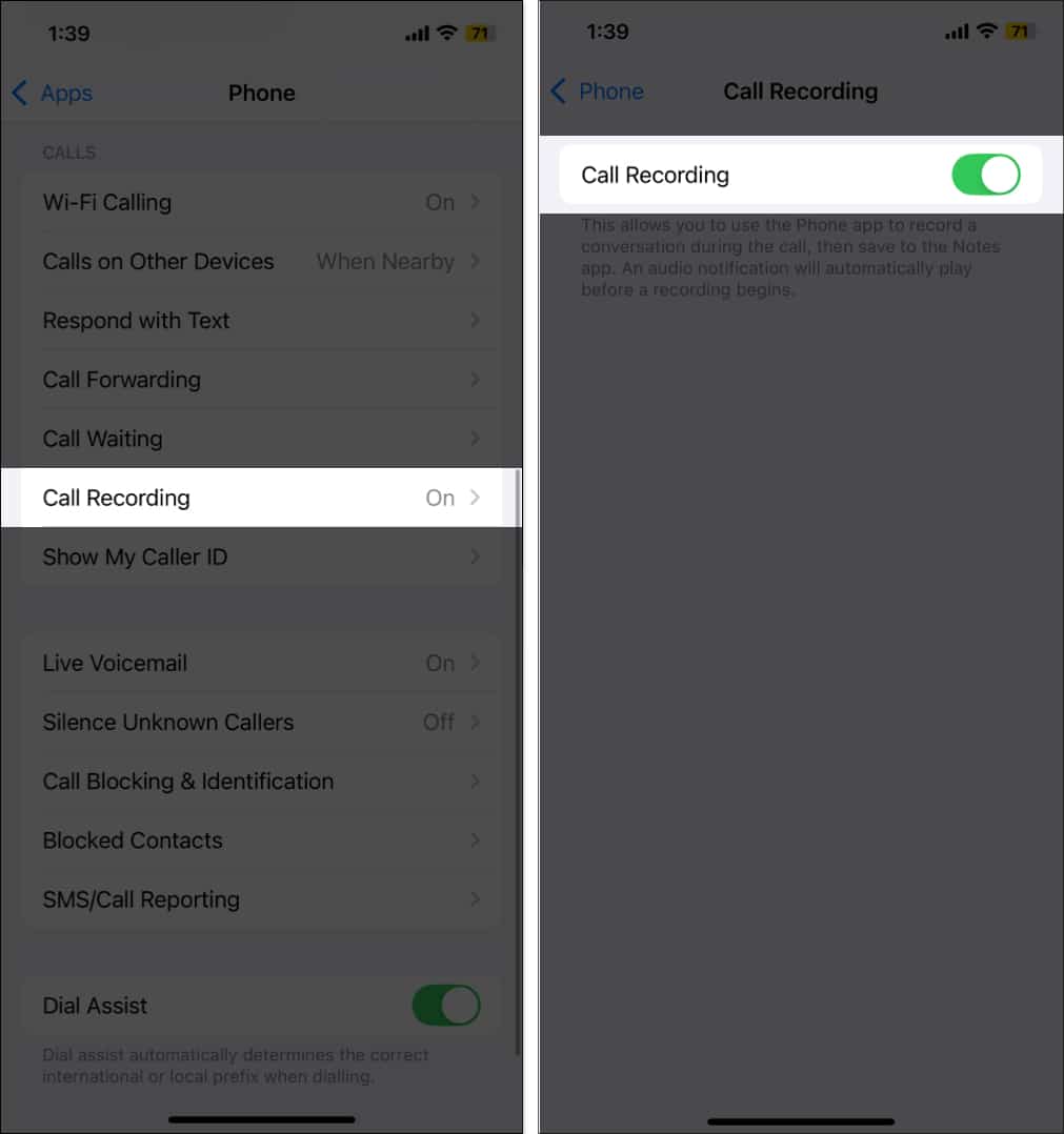 Toggling on the Call Recording feature on iPhone in iOS 18.1.