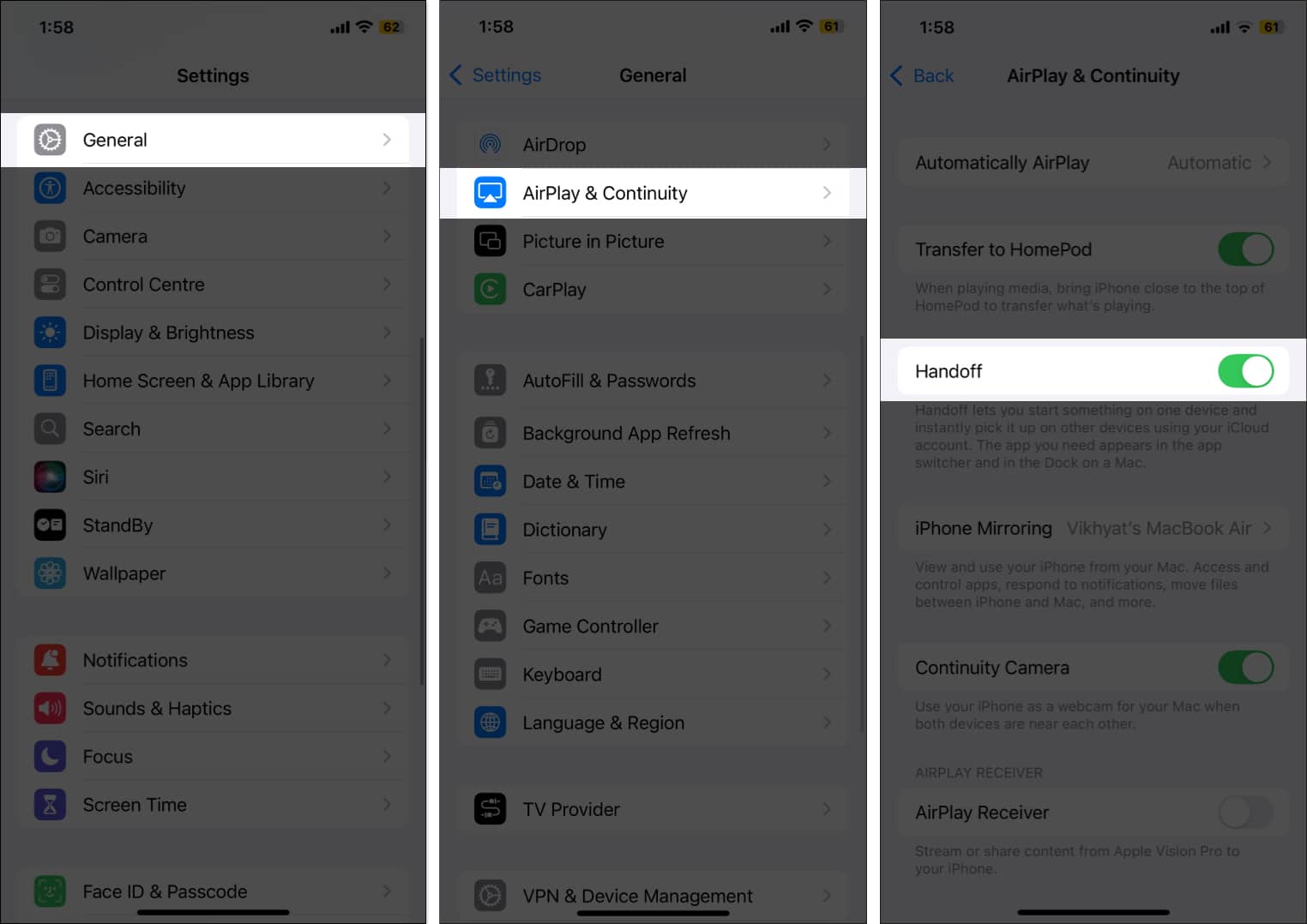 Enabling the Handoff feature in iPhone Settings.