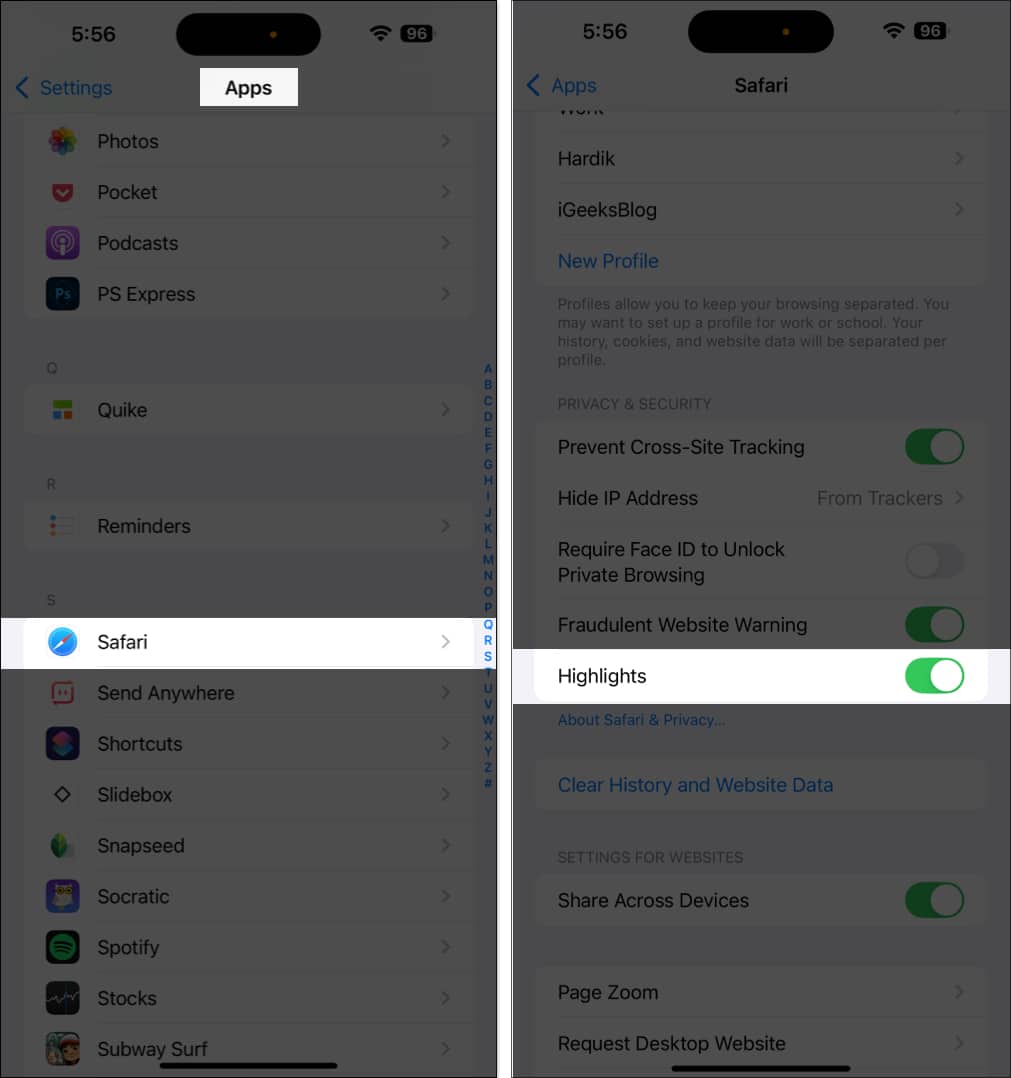 Toggle on Highlights in Safari on iPhone Settings.