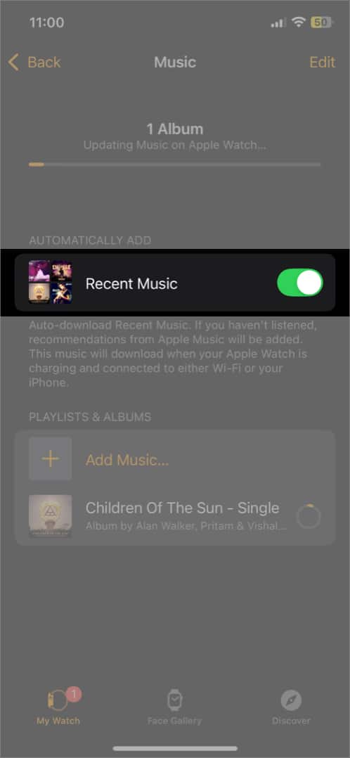 Recent Music option toggled on to sync iPhone playlist to Apple Watch automatically.