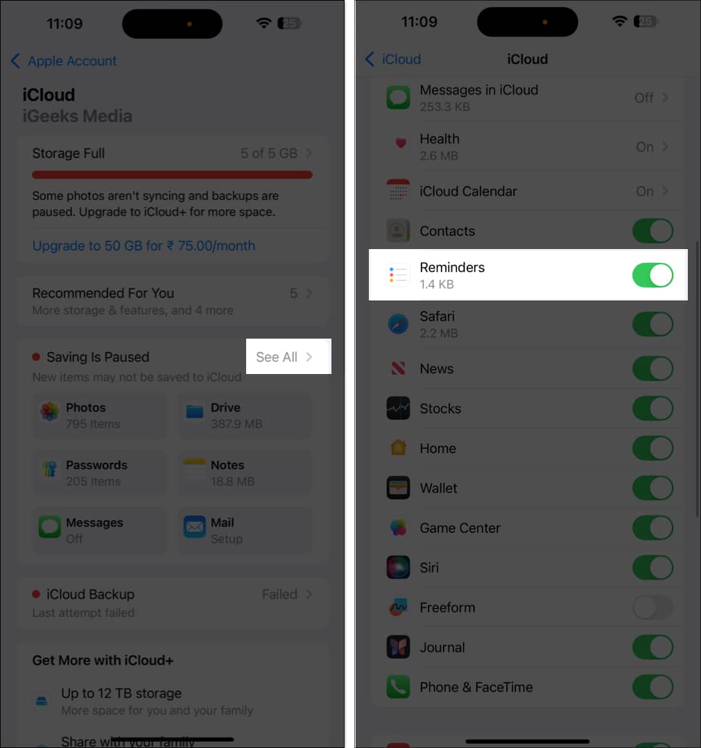 Enabling iCloud sync for Reminders app in  iPhone Settings.