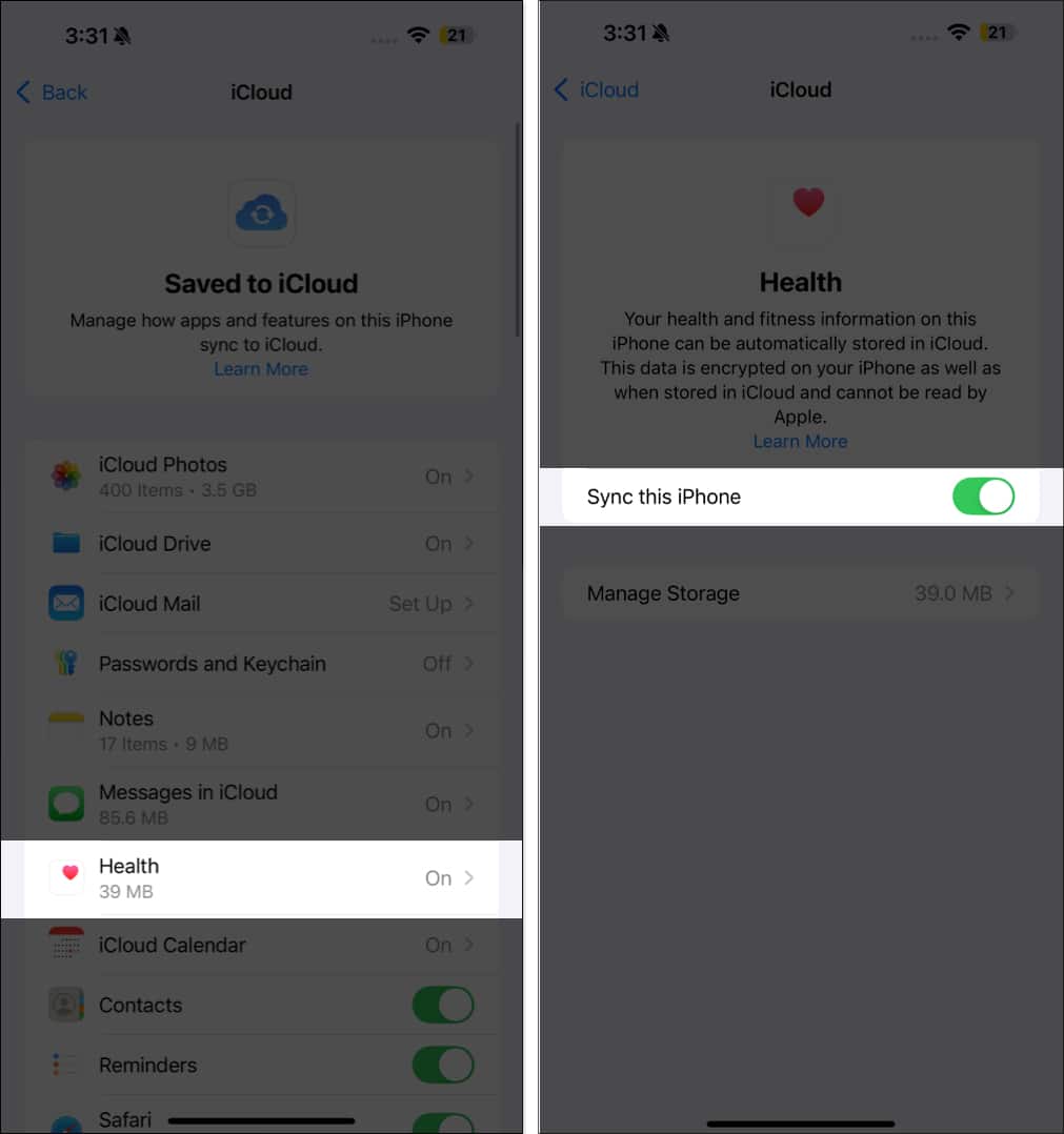 Enabling iCloud sync for the Health app on an iPhone.