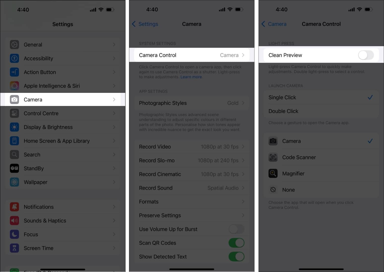 Turn off Camera Control Clean Preview on iPhone 16.