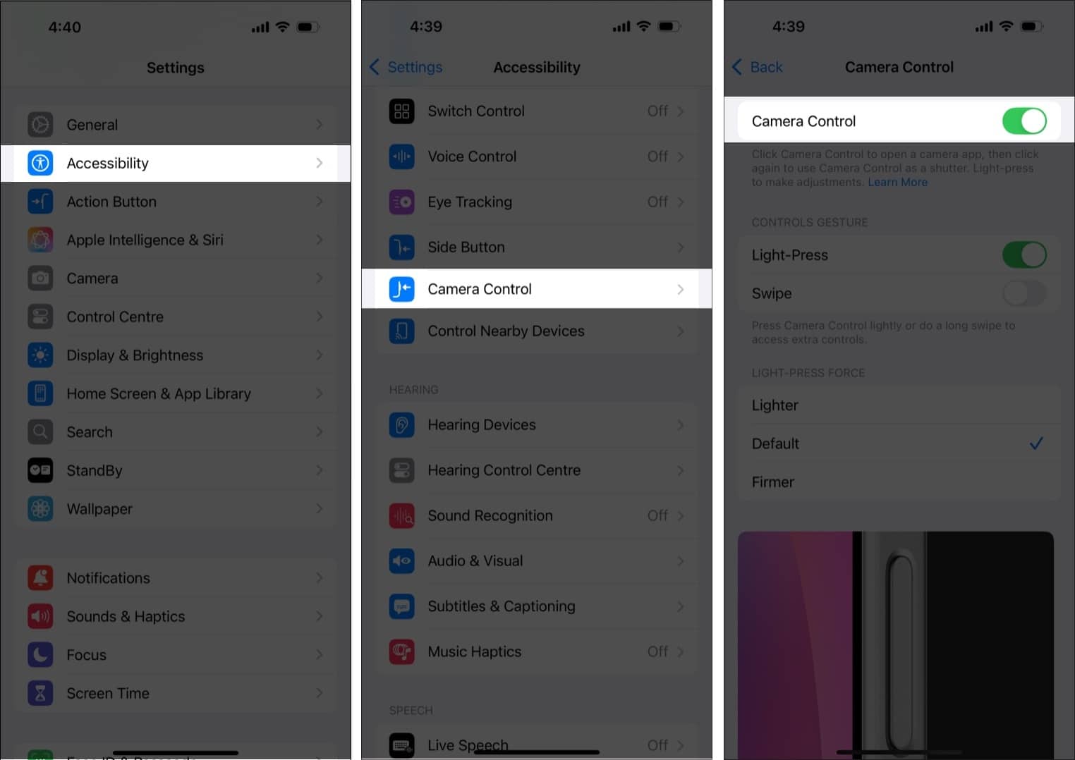 Turn off iPhone 16 Camera Control button.