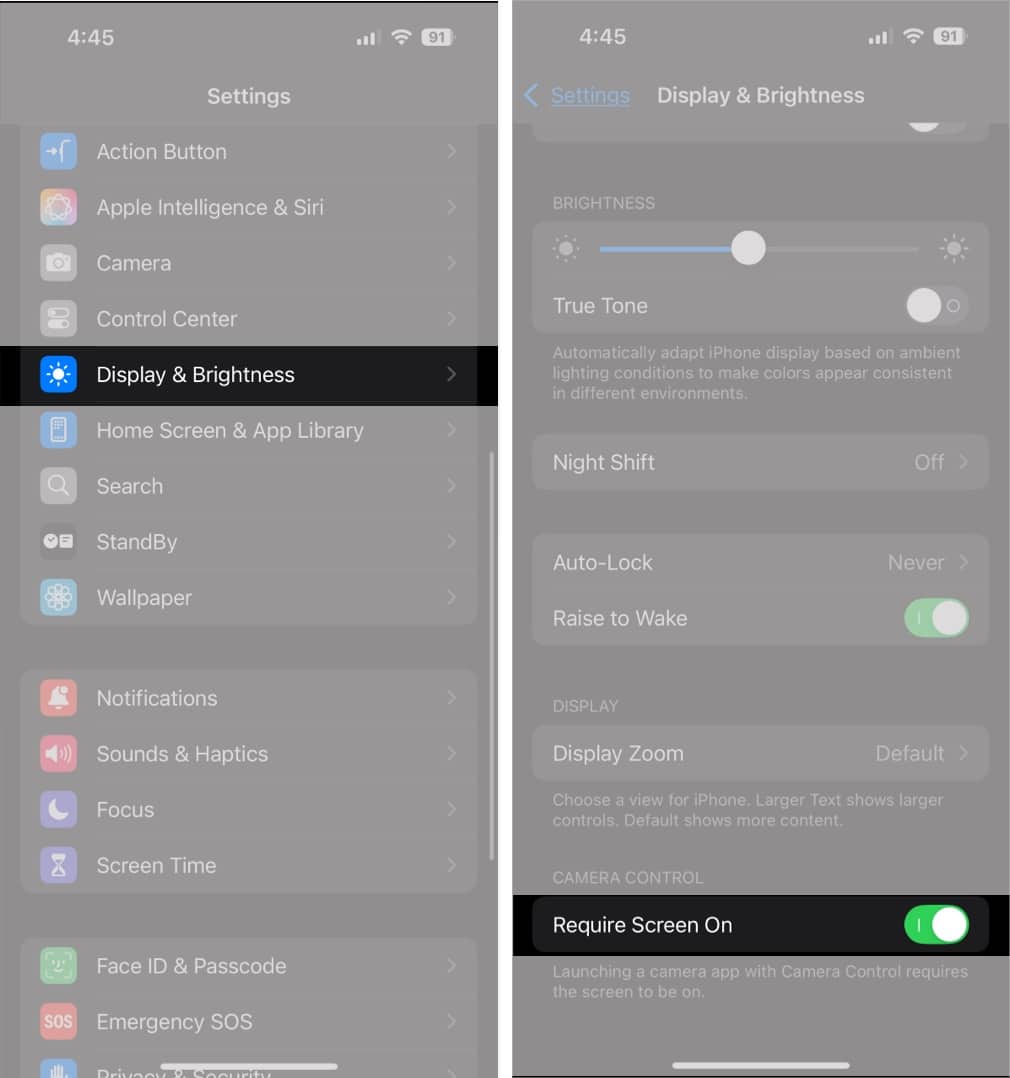 Turn on Require Screen On on iPhone 16.