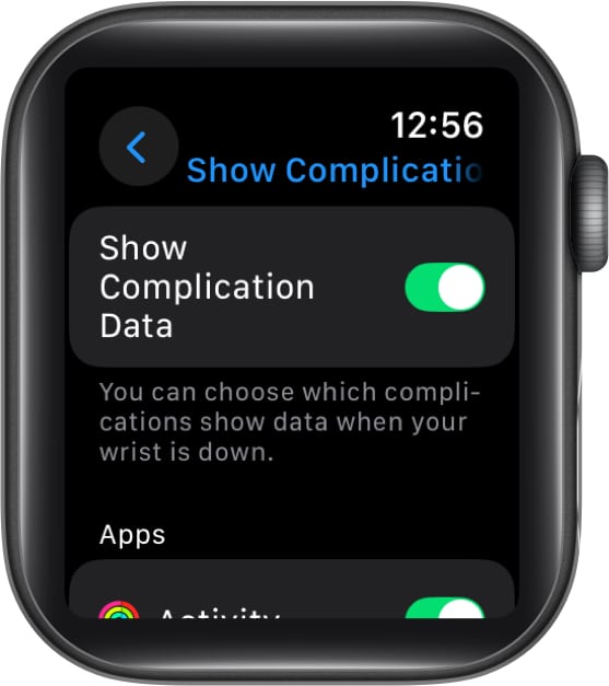 Toggling on Show Complication Data option for Always On settings an Apple Watch.