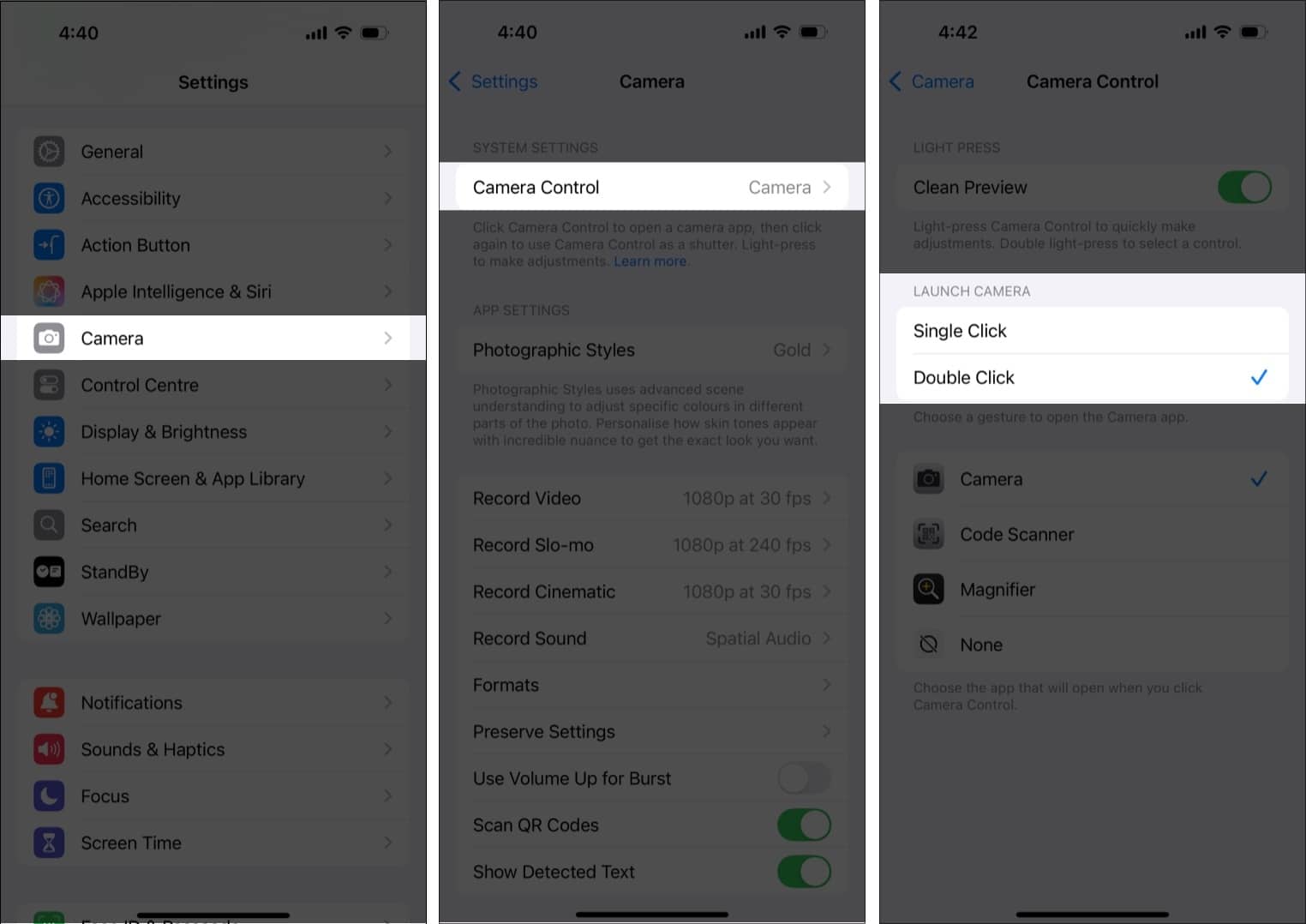 change iPhone 16 Camera Control Launch Camera gesture.