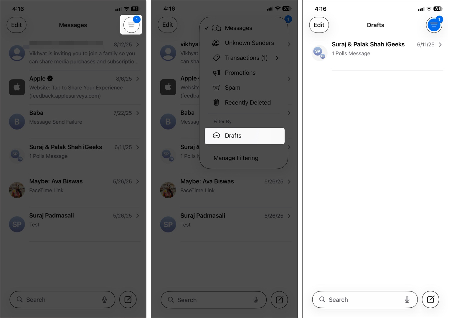 How to find saved message drafts