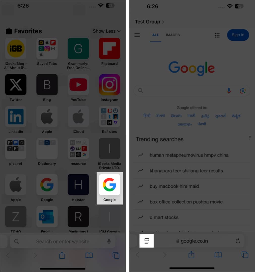 Open Google in Safari and tap on reader mode icon.