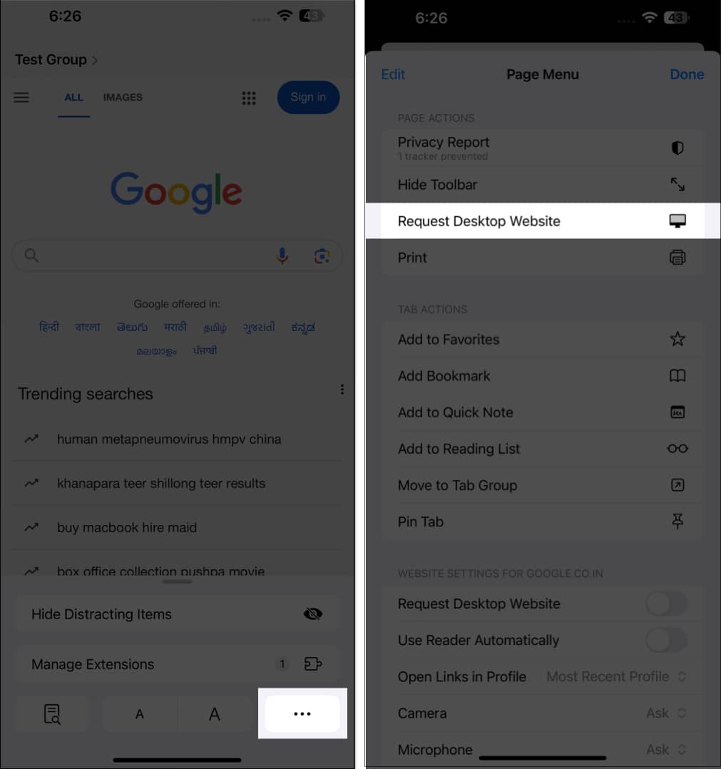 Select Request Desktop Website option.