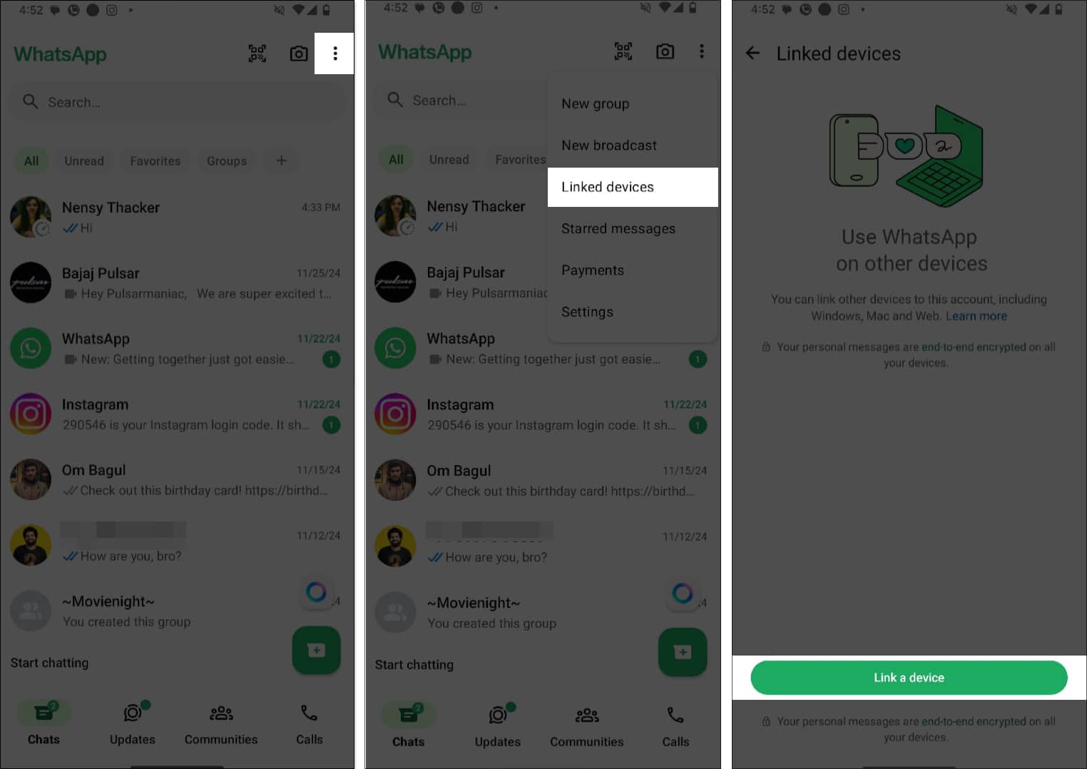 Accessing the Link a Device button in WhatsApp on Android.