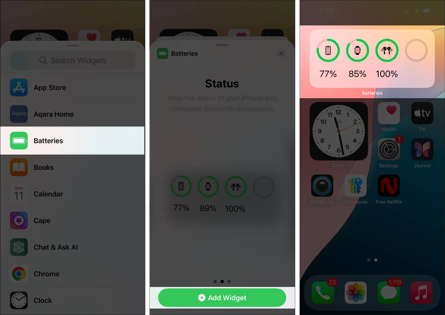 Adding the Batteries widget to iPhone Home Screen for checking AirPods battery levels.