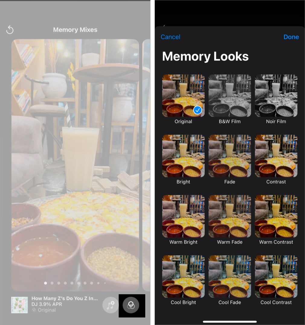 Applying filter to a memory movie in the Photos app.