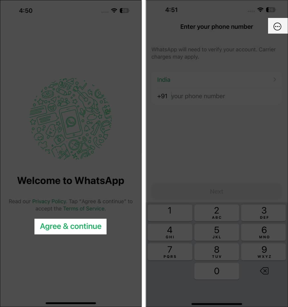 Agreeing to WhatsApp terms and conditions on iPhone and finding the Link as a Companion Device option.