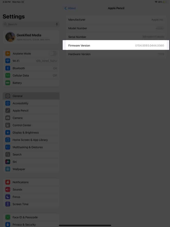Apple Pencil firmware version displayed in the Settings app.