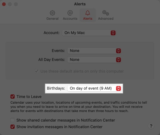 Choosing time for birthday alert in the macOS Calendar app on a Mac.