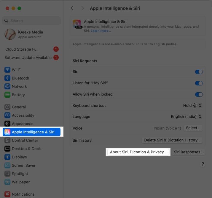 Accessing the About Siri, Dictation & Privacy option in System Settings on a Mac.