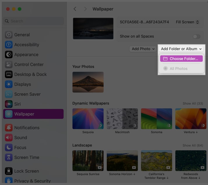 Choose a Folder option to use a custom wallpaper as a live wallpaper for your Mac.