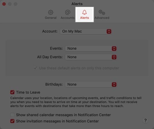 Alerts tab on the Calendar app on a Mac.