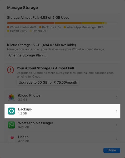 Backups option in Mac System Settings.