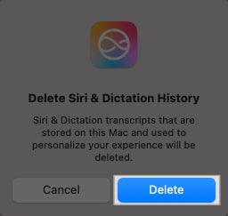 Delete button in confirmation prompt to confirm deleting Siri history.