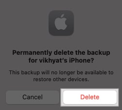 Prompt confirming iCloud backup deletion.