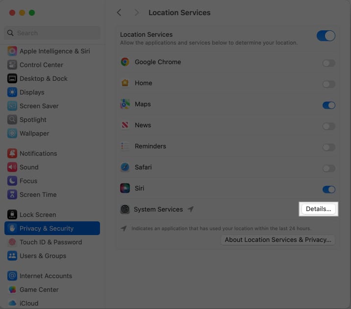 Accessing System Services details in Mac System Settings app.