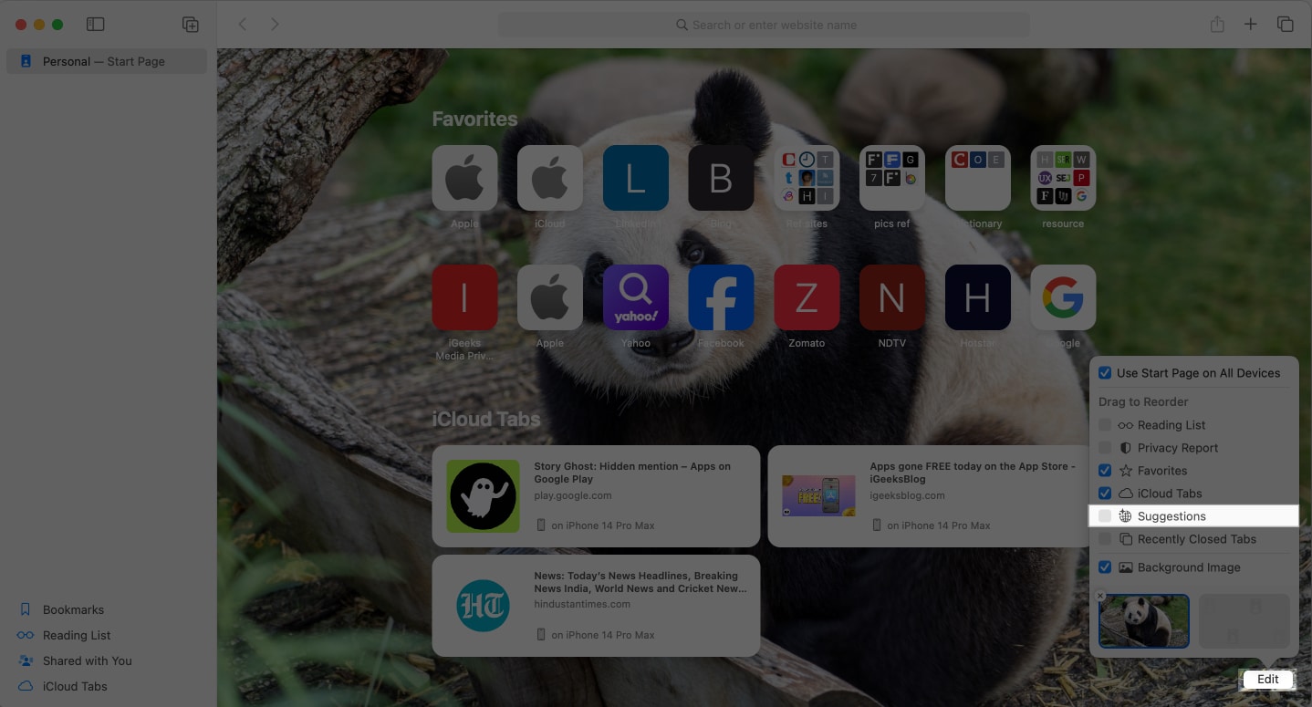 Disabling Siri Suggestions on the Safari start page on  a Mac.