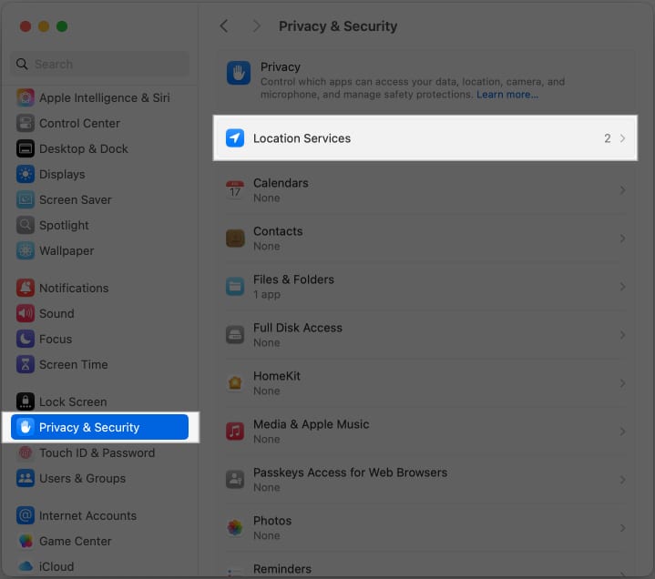 Accessing Location Services on a Mac.