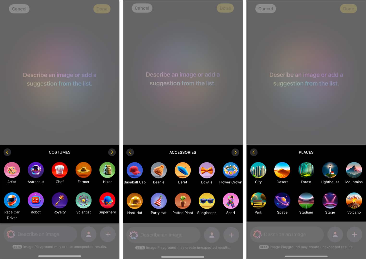 Costume, Accessories, and Places suggestions in Apple's Image Playground app on an iPhone.