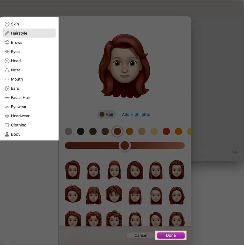 Customizing Memoji in Messages.