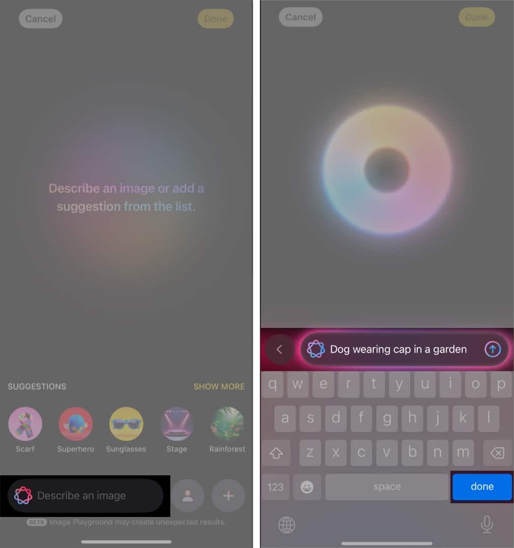 Entering an image description in the Image Playground app on an iPhone to generate an image.