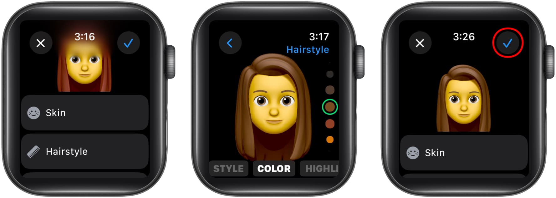Editing an existing Memoji on an Apple Watch.