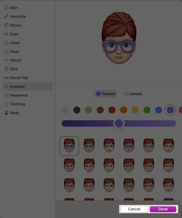 Editing a Memoji to change its appearance in the macOS Messages app.