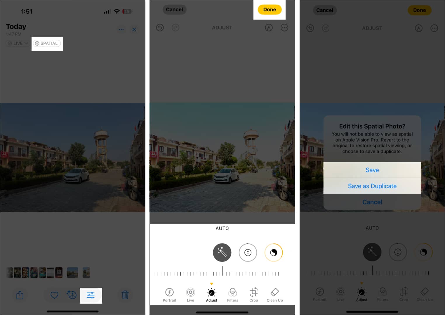 Editing Spatial photo in Photos app on iPhone.