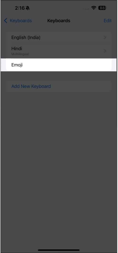 Emoji keyboard under the Keyboard settings page on an iPhone.