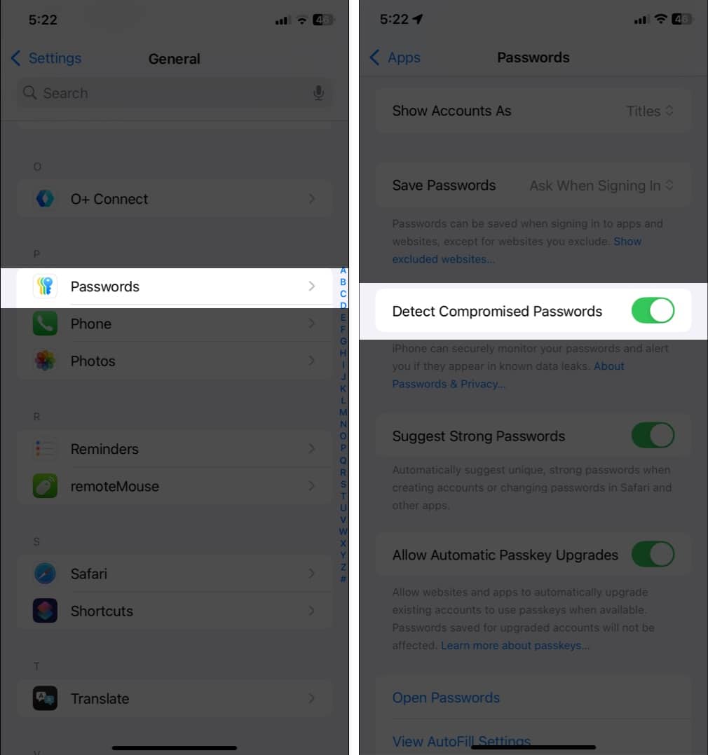 Enable Detect Compromised Passwords in iPhone Settings.