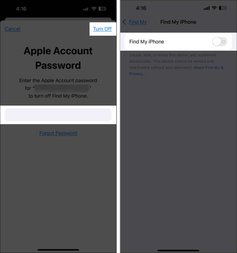 Toggling off Find My on an iPhone.