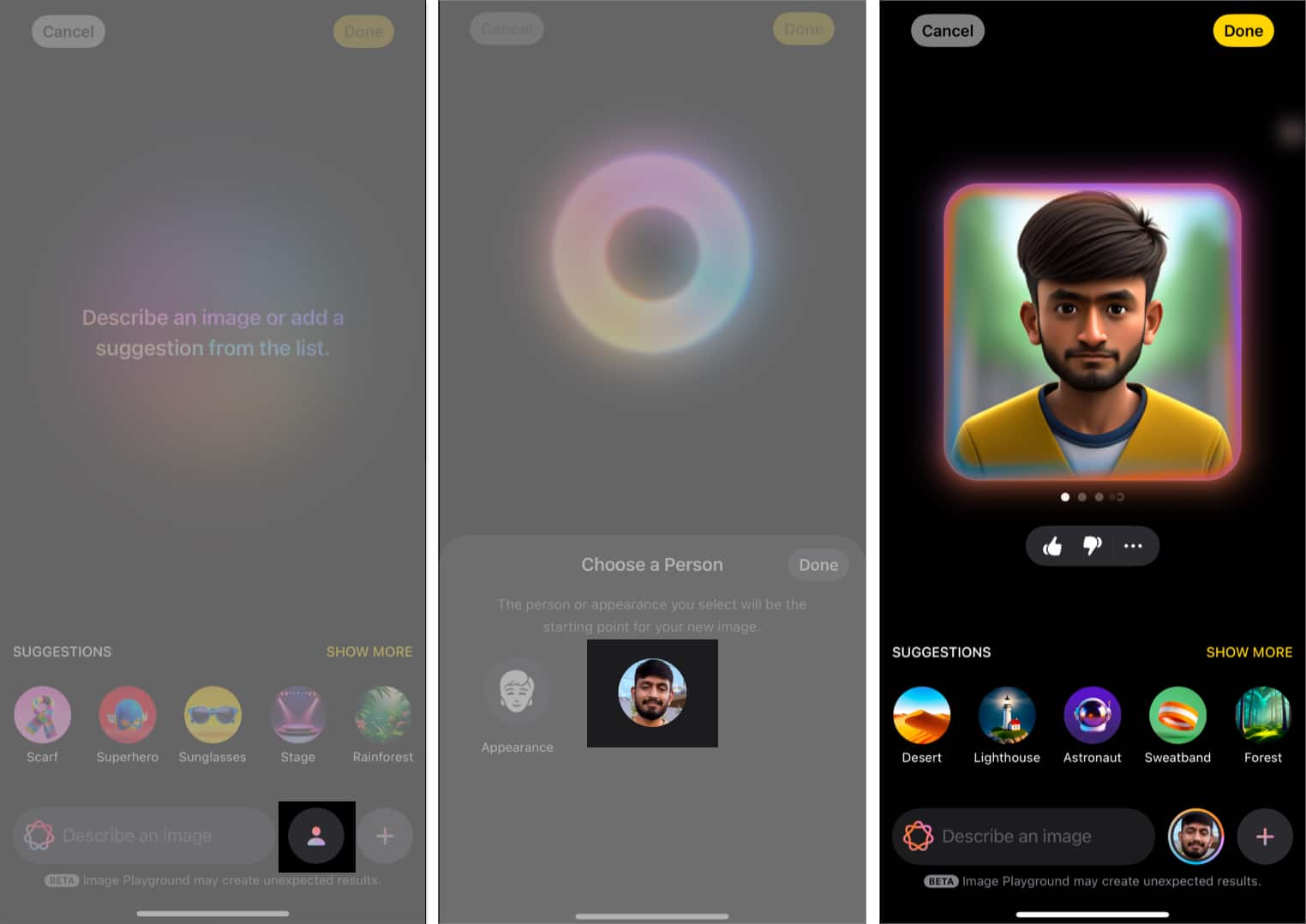 Generating AI avatar of a person in the Image Playground app.