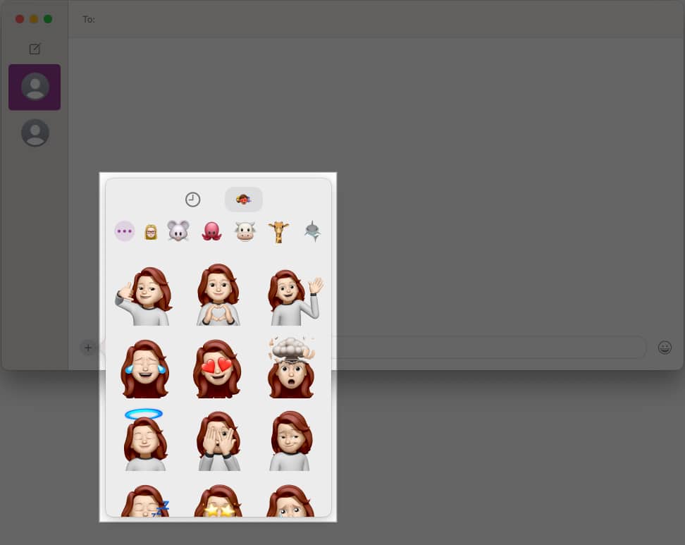 Choosing and adding a Memoji to a Messages app conversation on a Mac.