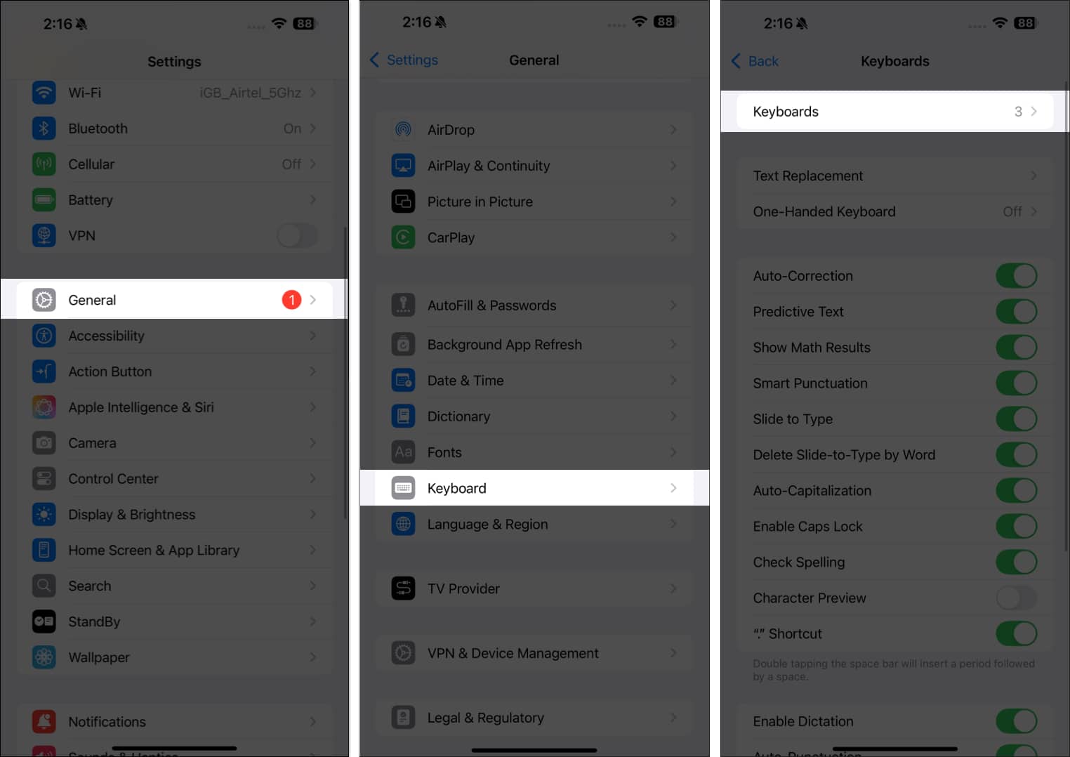 Accessing existing keyboards on in the iPhone Settings app.