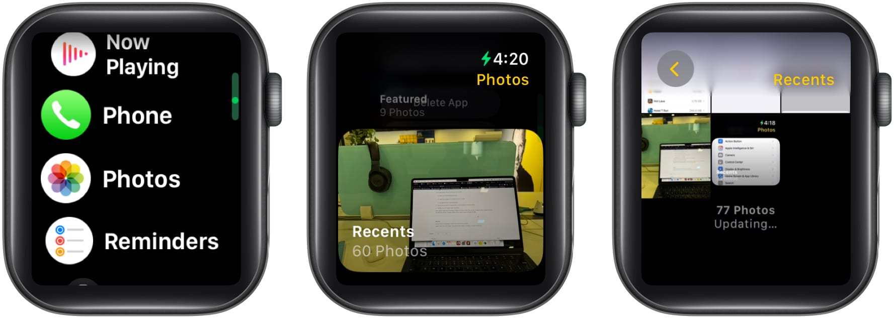 Open Recents album in Photos app on Apple Watch.