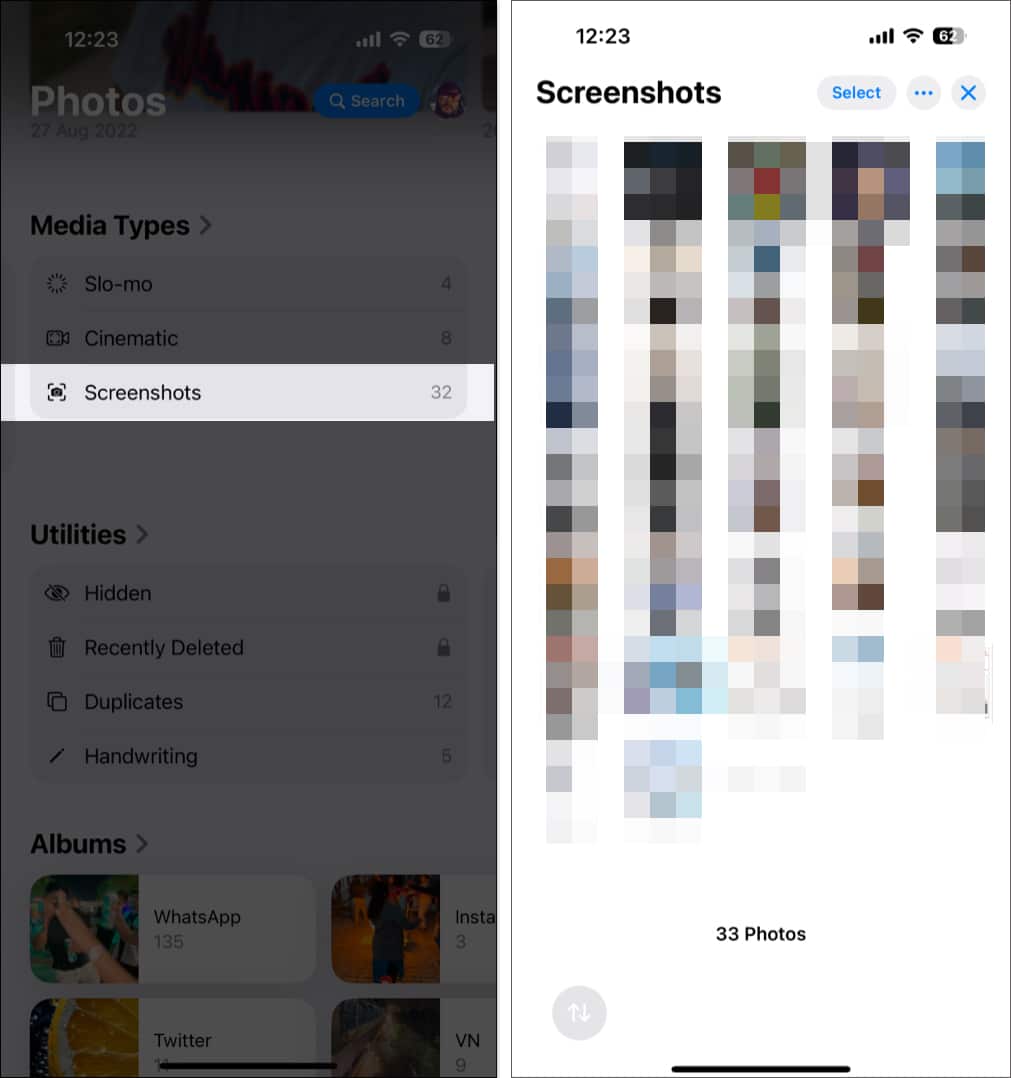Open Screenshots in Photos App on iPhone.