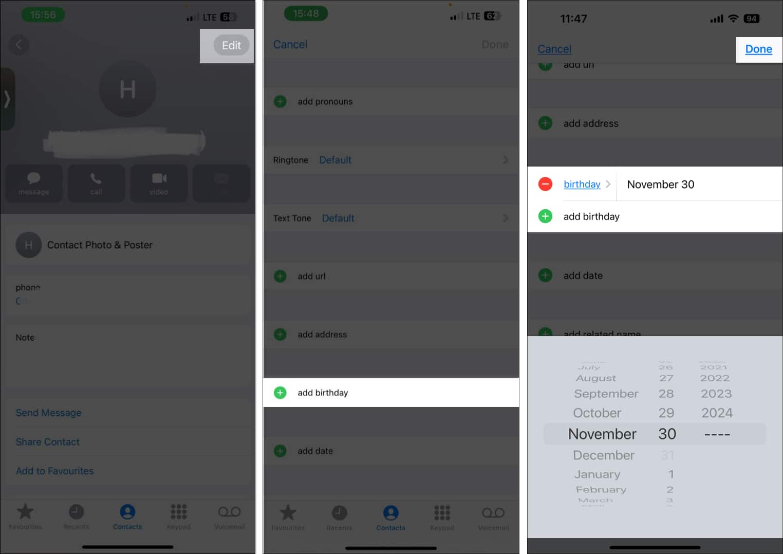 Setting up a birthday reminder in the Contacts app on an iPhone.