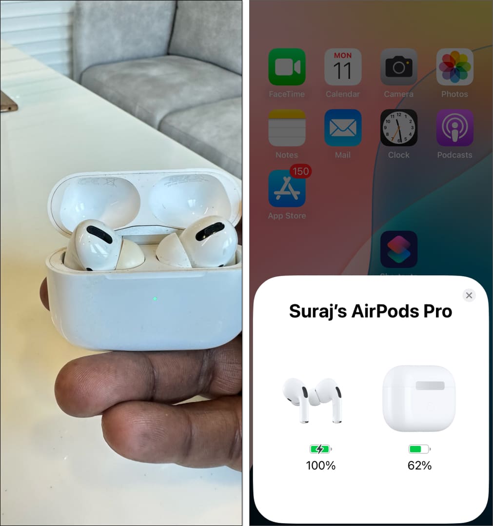 Checking AirPods battery life on an iPhone.
